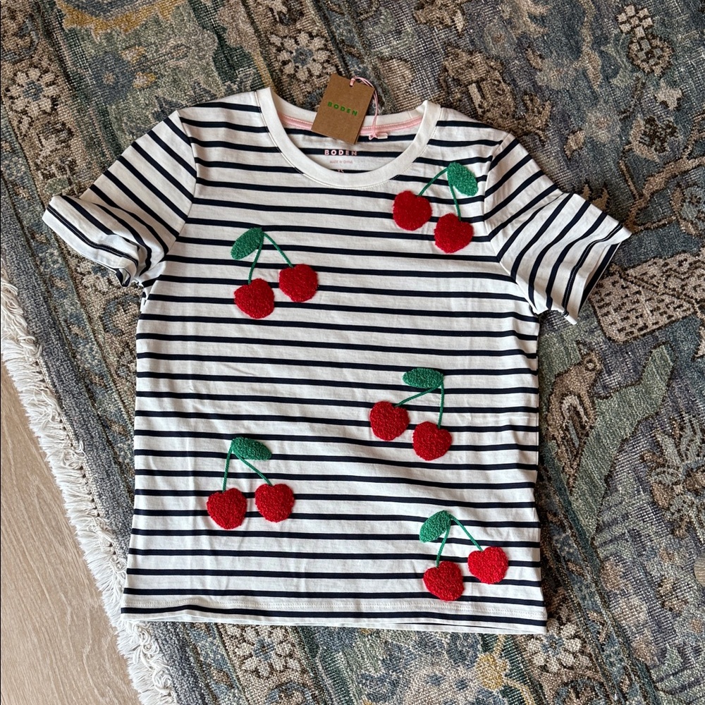 Boden Striped Cherry T Shirt - Black and White